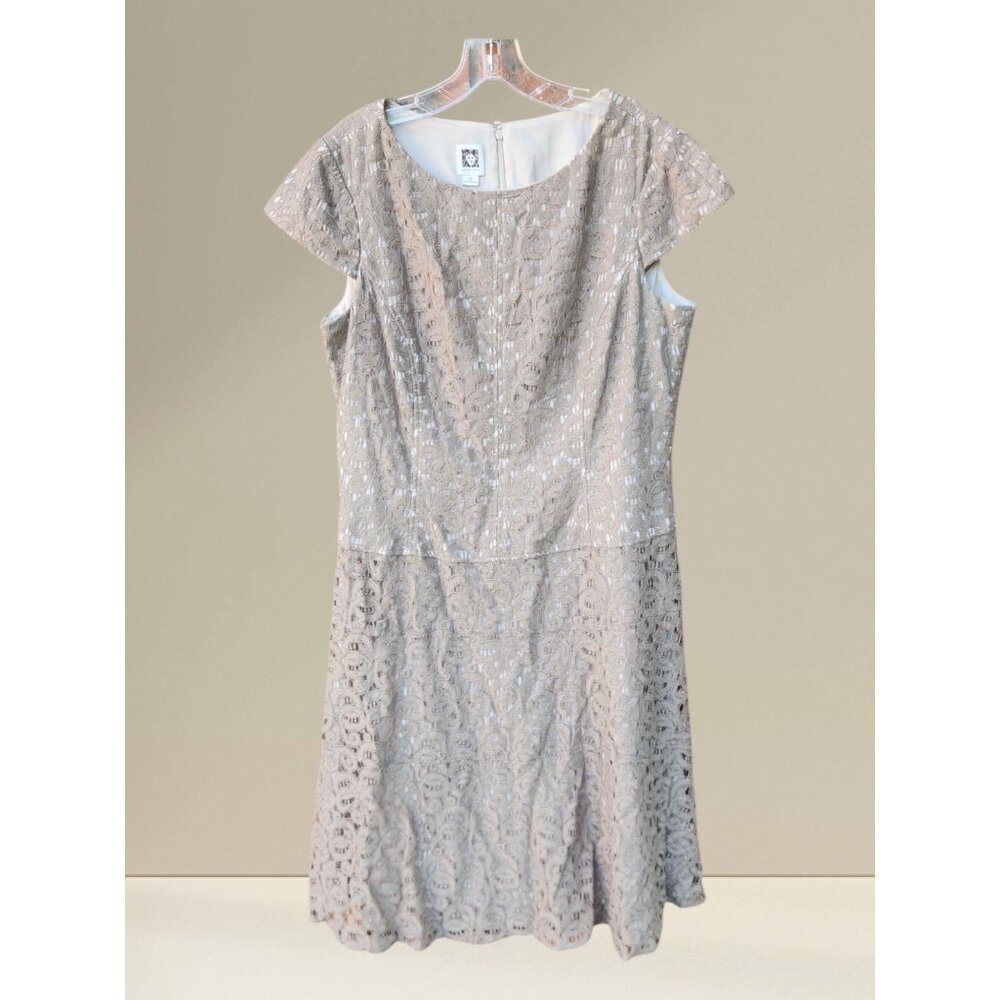 Anne Klein Women's Lace Beige Dress Size 14 Formal Cap Sleeve Knee Length